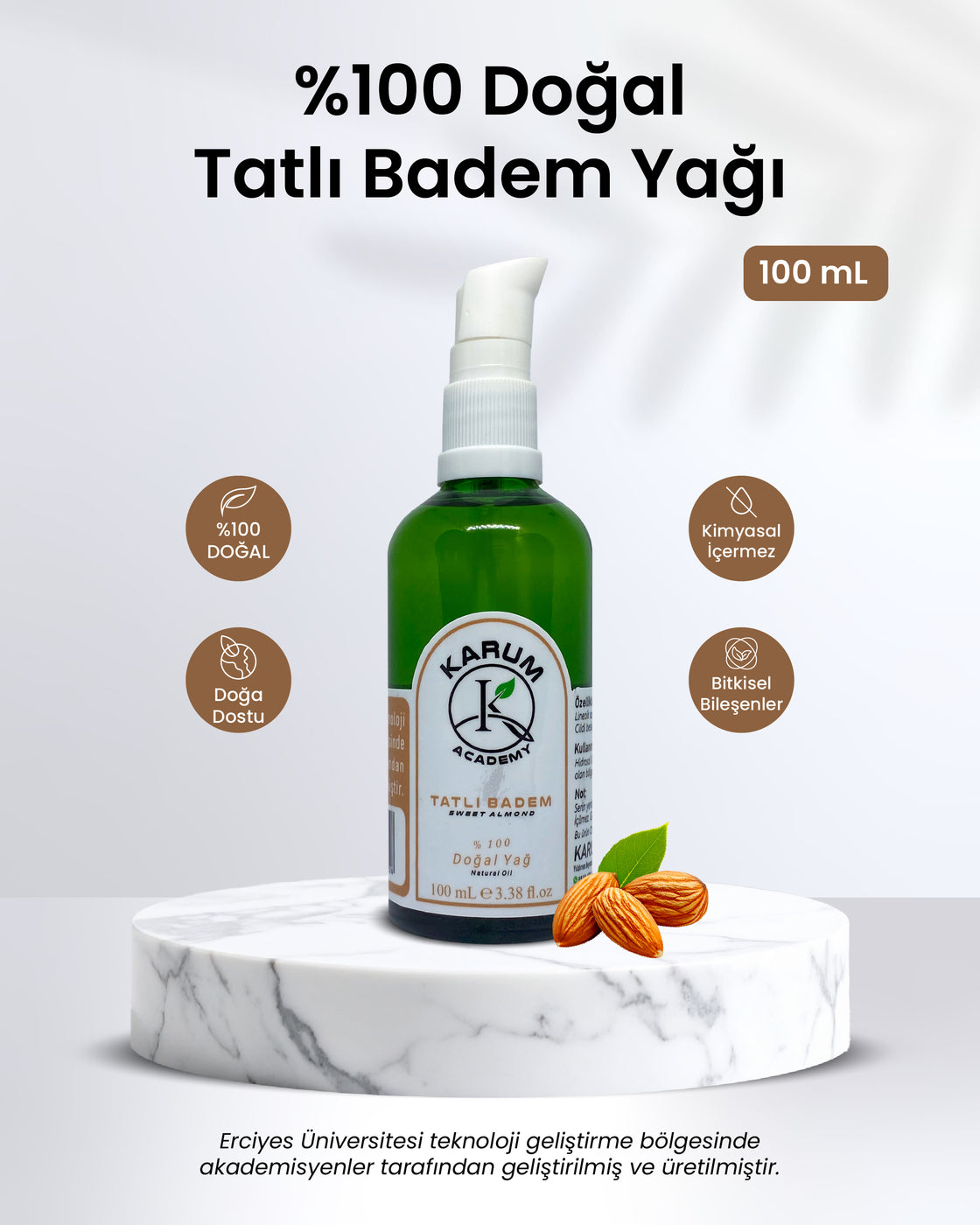 Karum Academy Tatlı Badem Yağı – %100 Saf, Soğuk Sıkım ve Çok Amaçlı Doğal Bakım Yağı 100ml