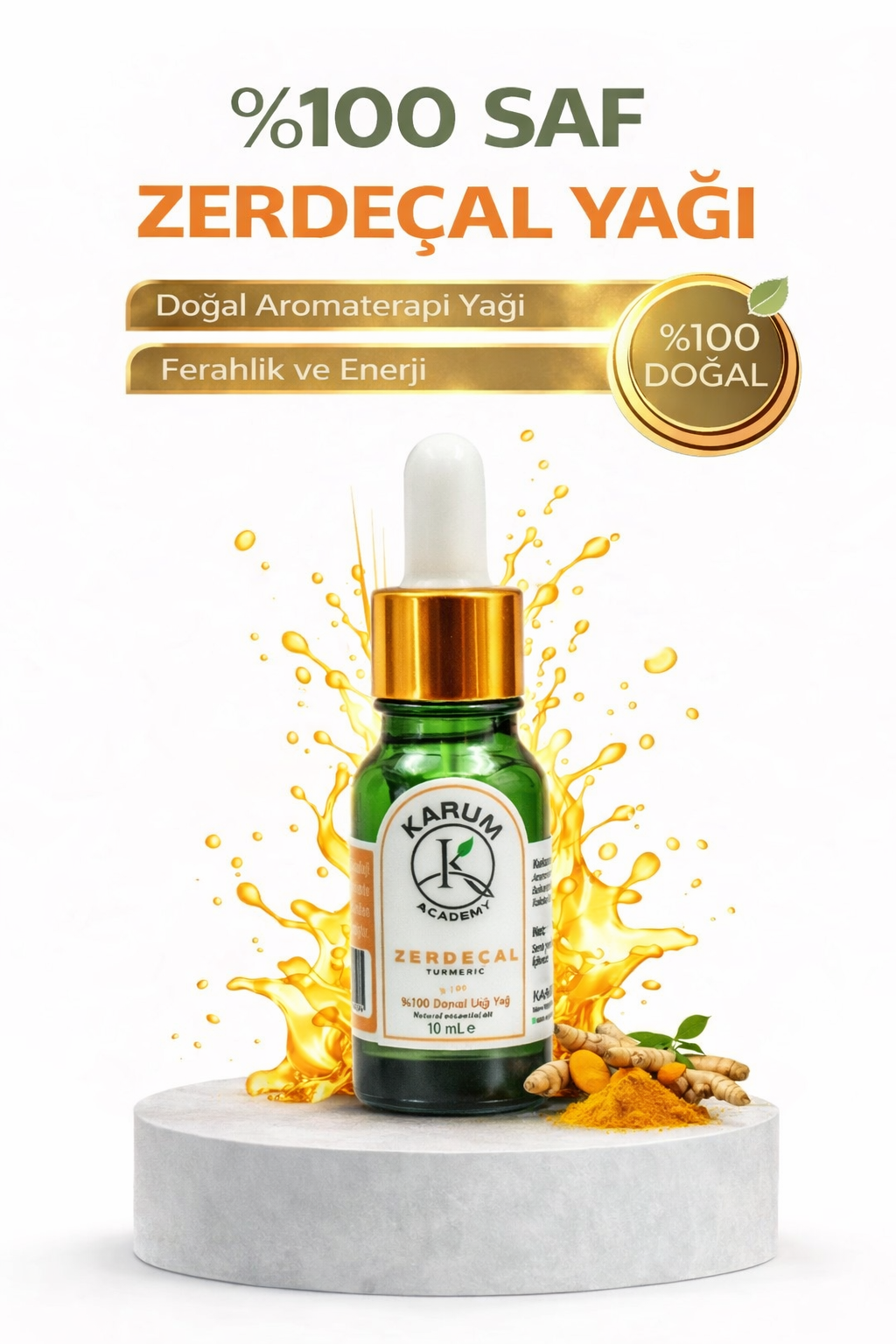 Aromaterapi %100 Doğal Cam Damlalıklı (Altın Gücün Şifası) Zerdeçal Uçucu Yağ 10ml