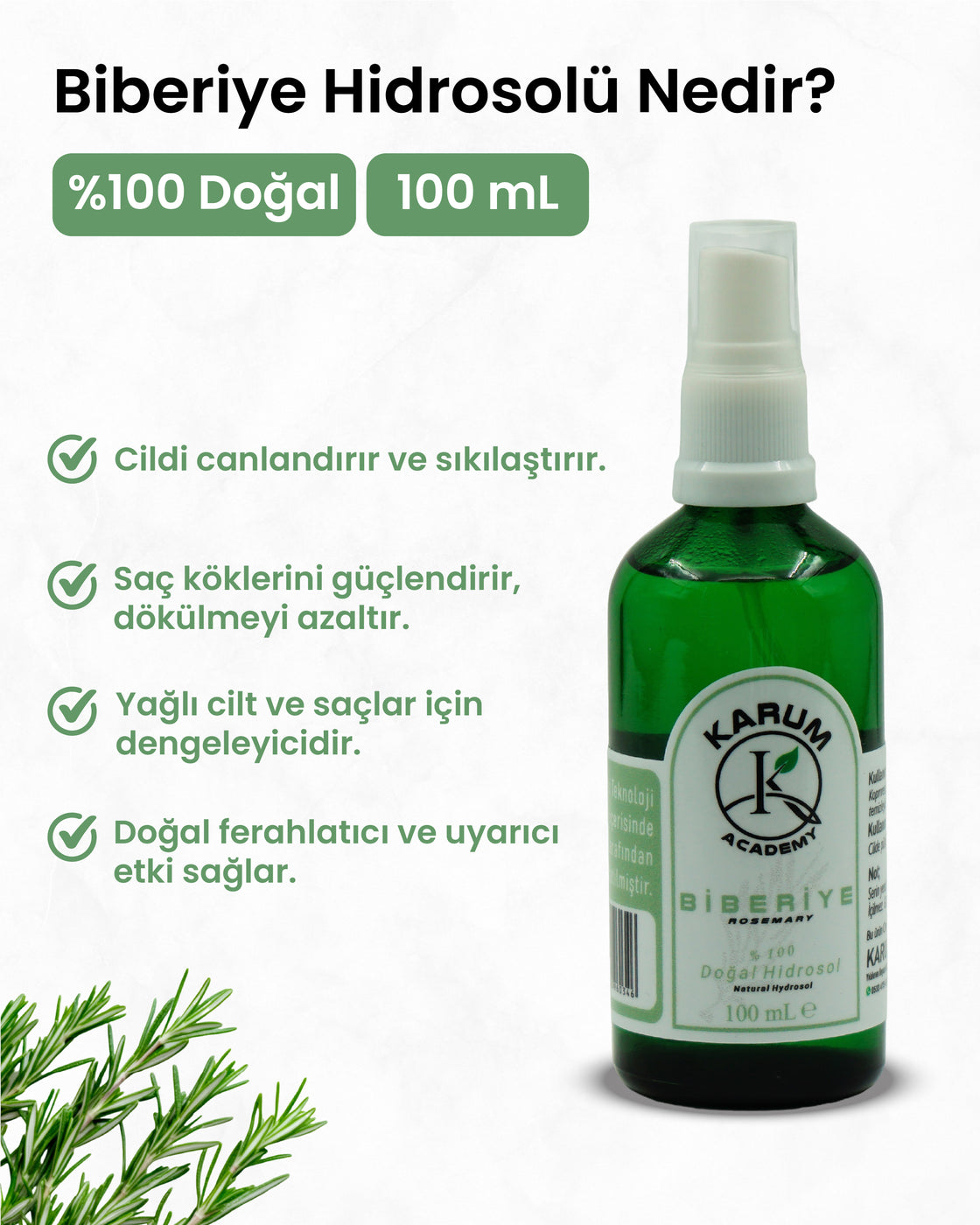 Biberiye Hidrosolü %100 Doğal & Saf Bitki Suyu Doğanın Arındırıcı Gücünü Cildinizle,Saçınızla Buluşturun 100mL