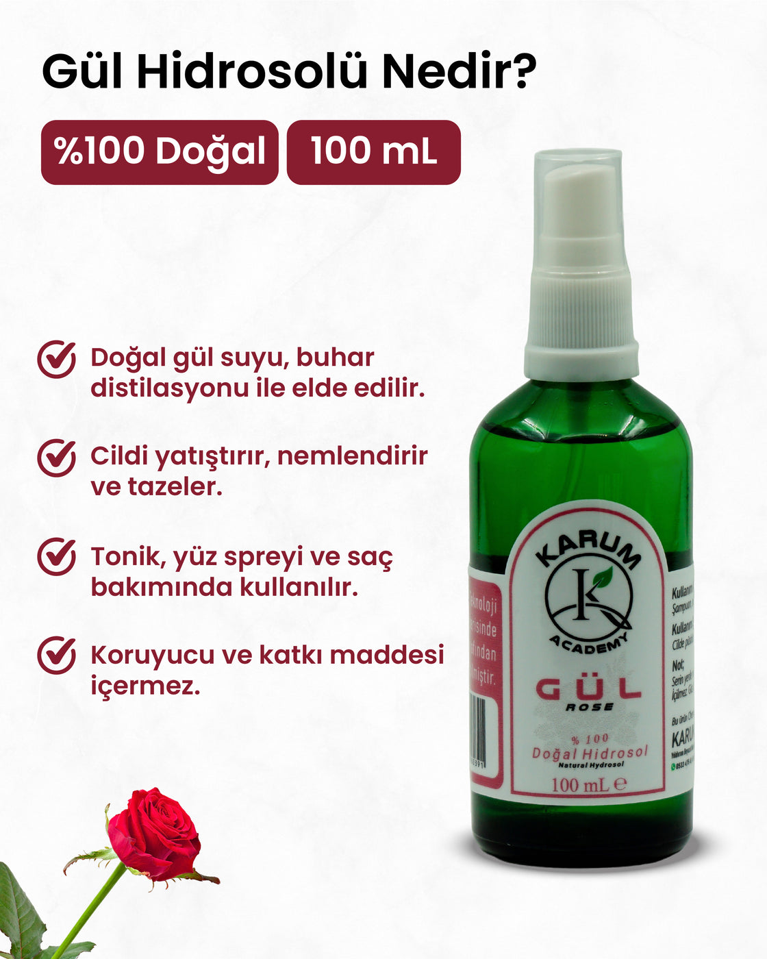 Gül Hidrosolü %100 Doğal & Saf Gül Suyu Doğallığın en zarif haliyle tanışın 100mL