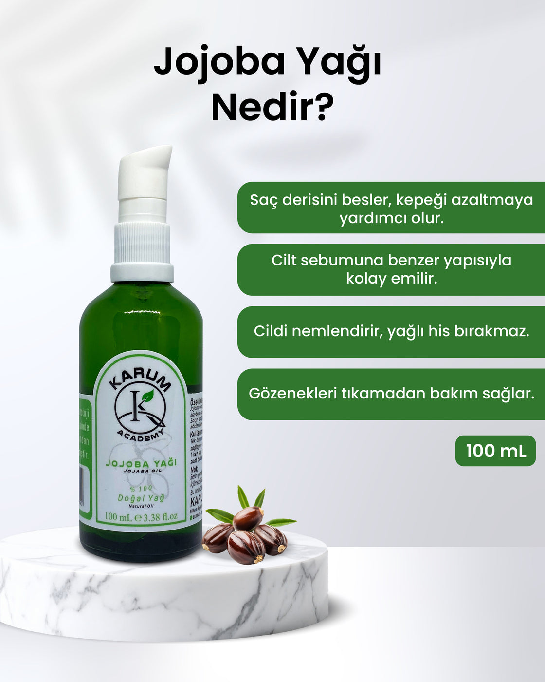 Karum Academy Jojoba Yağı – %100 Saf, Soğuk Sıkım Cilt ve Saç İçin Doğal Nem Desteği 100 ml