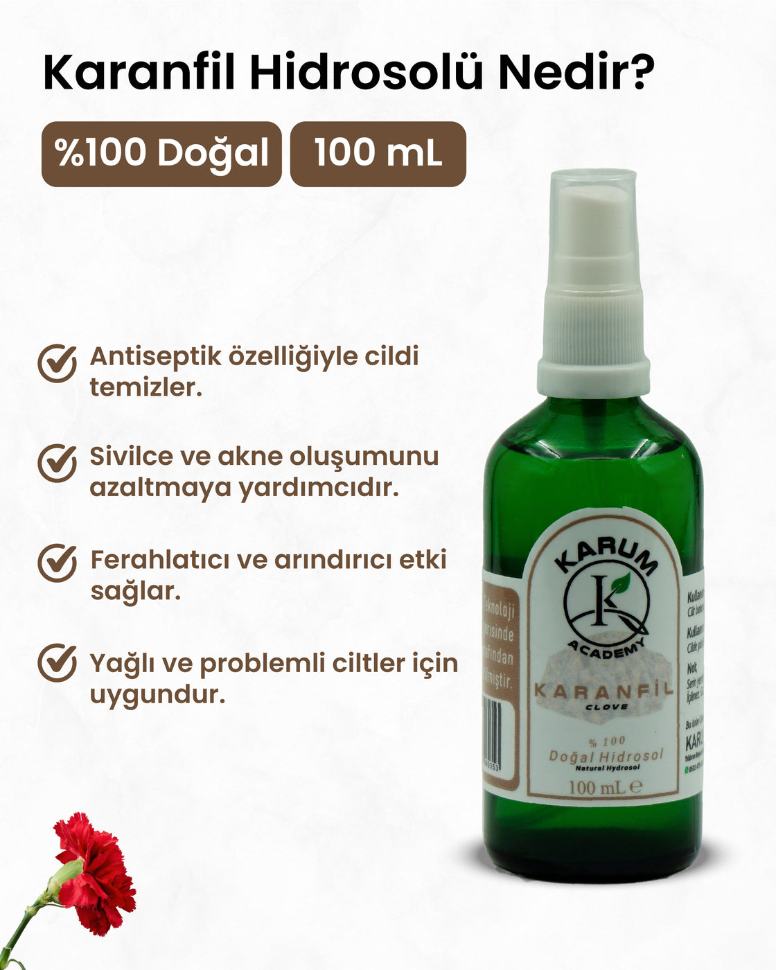 Karanfil Hidrosolü %100 Doğal & Saf Bitki Suyu Doğanın ferahlatıcı gücünü cildinize ve yaşam alanınıza taşıyın 100mL