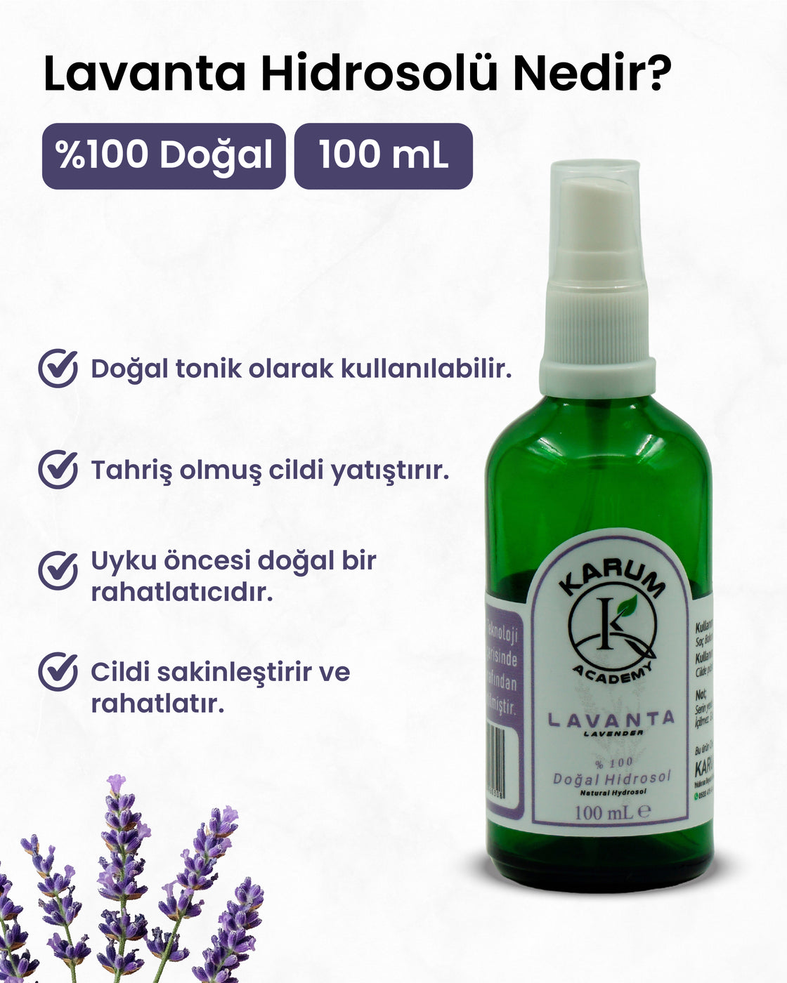 Lavanta Hidrosolü %100 Doğal & Saf Bitki Suyu Doğal sakinlik ve ferahlık şimdi lavantanın huzur veren etkisiyle! 100mL