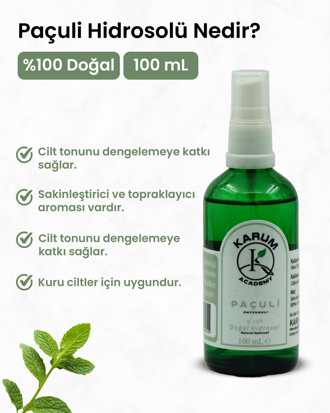 Paçuli Hidrosolü %100 Doğal & Saf Bitki Suyu Doğadan gelen güçlü dengeleyici etki 100mL