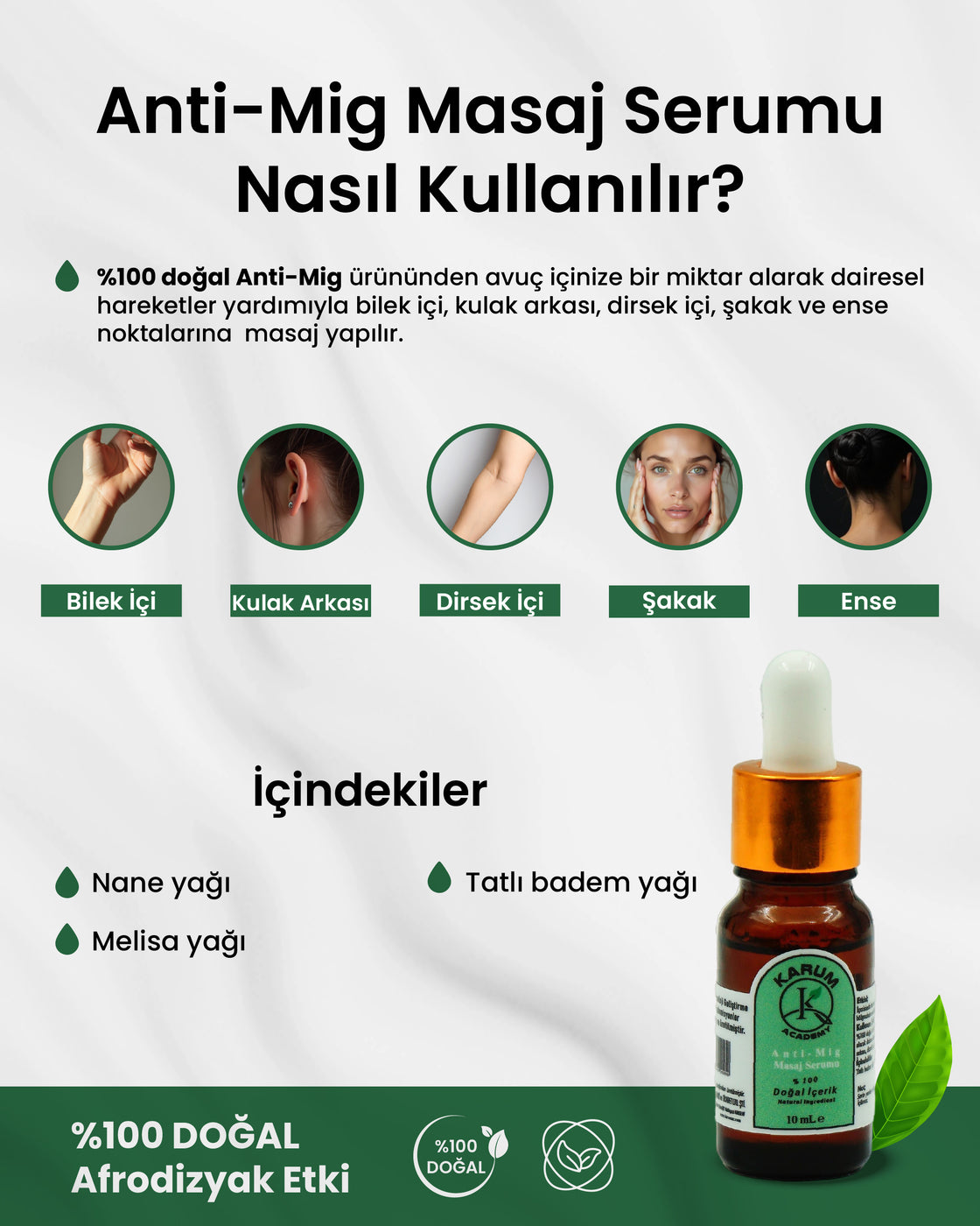 Aromaterapi-Sinerji %100 Doğal Cam Damlalıklı (Zihnini hafiflet. Ağrıyı doğayla yumuşat) Anti-Mig Masaj Serumu