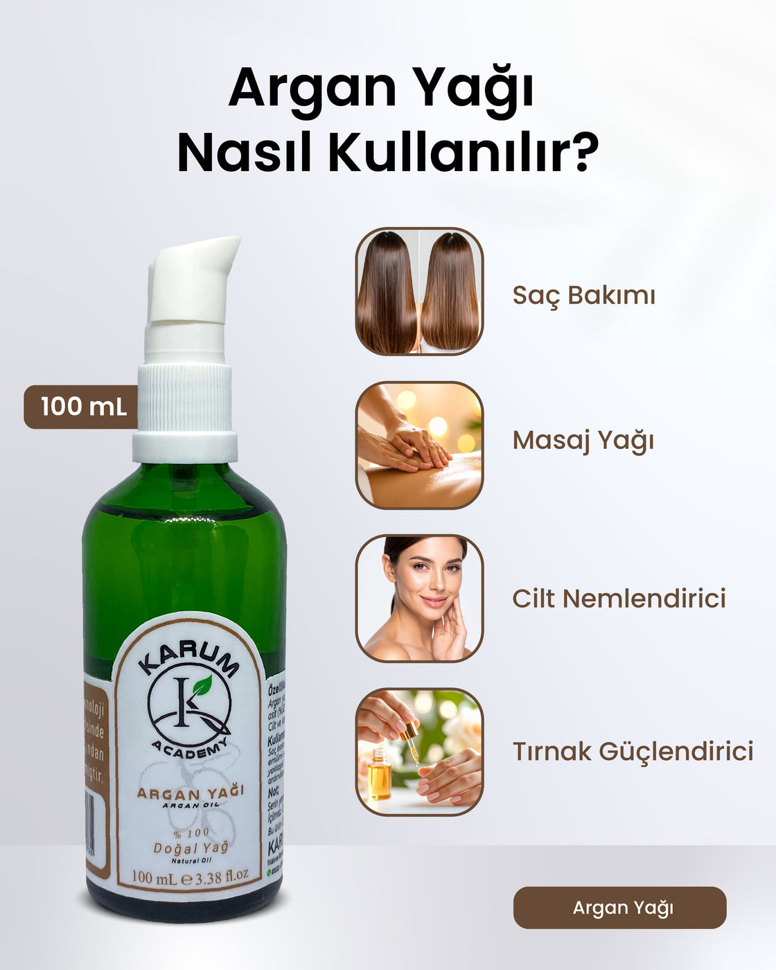 Karum Academy Argan Yağı – %100 Saf, Soğuk Sıkım & Doğal Güzellik İksiri 100 ml