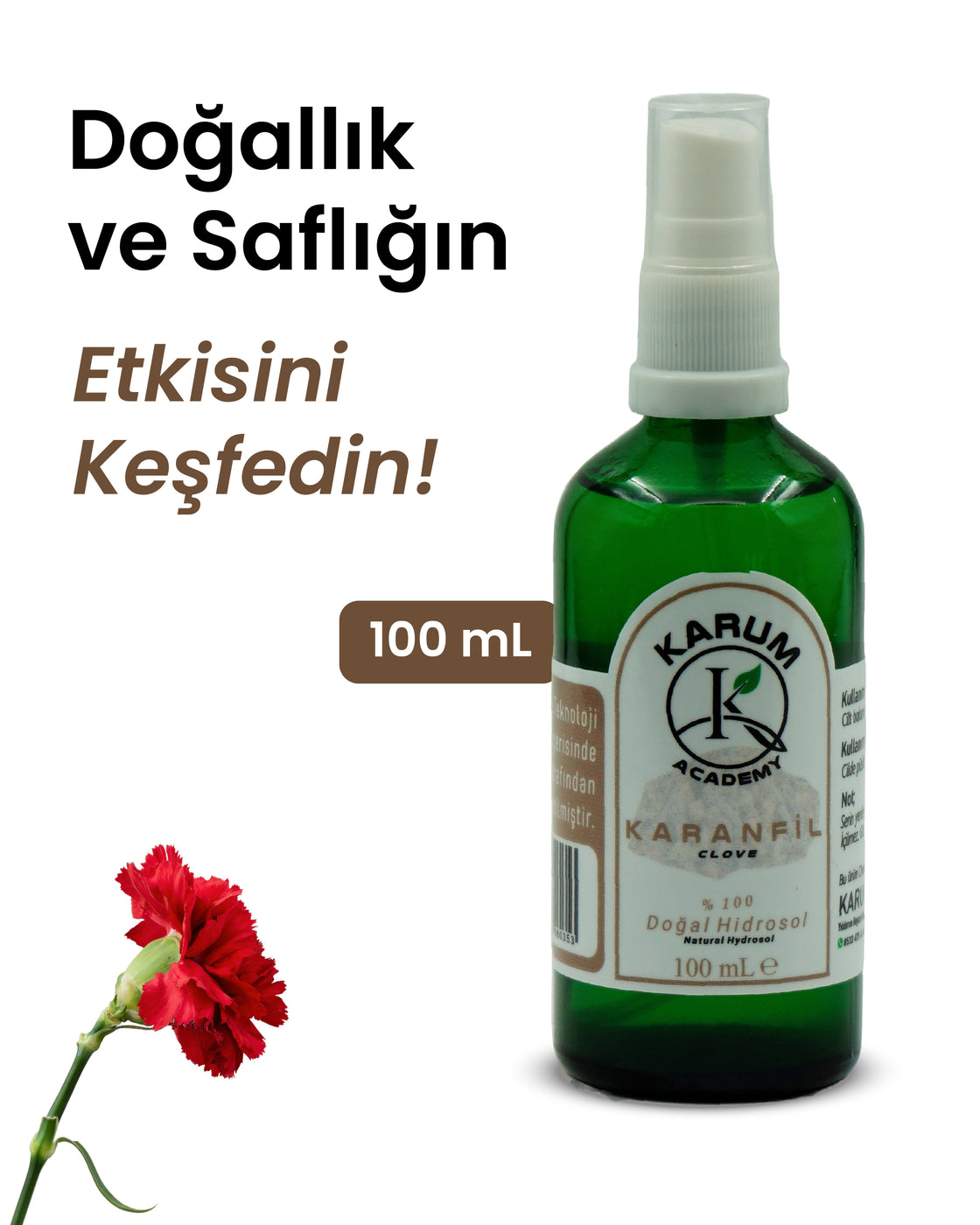 Karanfil Hidrosolü %100 Doğal & Saf Bitki Suyu Doğanın ferahlatıcı gücünü cildinize ve yaşam alanınıza taşıyın 100mL