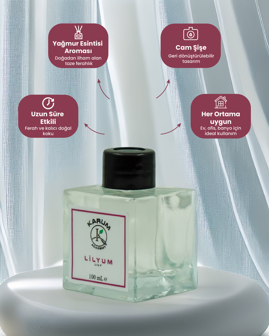 Lilyum (Zarif ve Ferahlatıcı Çiçek Esintisi) Çubuklu Kare Oda Kokusu 100ml