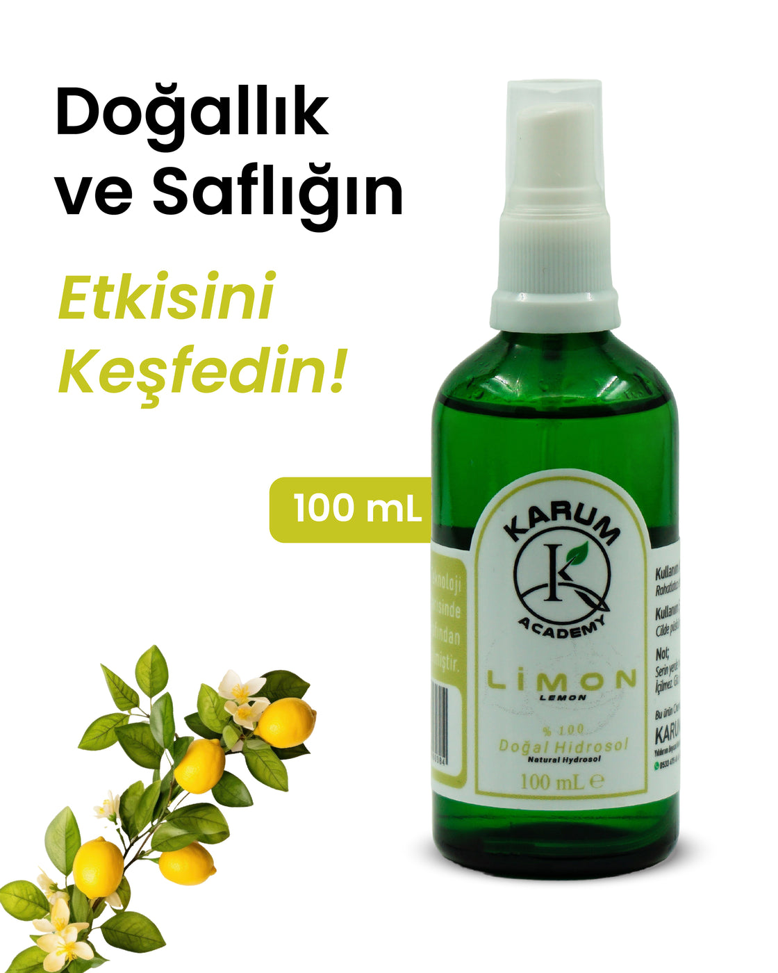 Limon Hidrosolü %100 Doğal ve Saf Bitki Suyu Cildinize tazelik, ruhunuza enerji katın! 100 mL