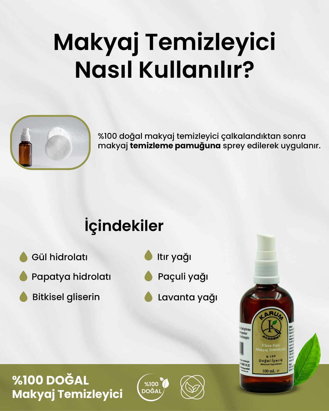 Aromaterapi %100 Doğal Uçucu Yağ ve Hidrosol (Hassas, etkili ve bitkisel bir temizlik deneyimi) İçerikli Makyaj Temizleyici (Özel Formülasyon) 100 mL