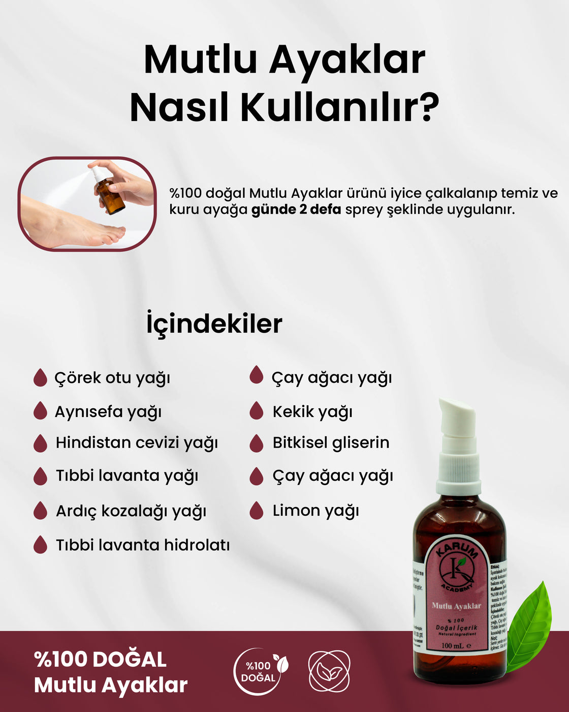 Aromaterapi %100 Doğal Uçucu Yağ ve Hidorosol (Tazelik, koruma ve bakım bir arada. Ayaklarınıza hak ettiği özeni verin.) İçerikli Ayak Bakım Serumu (Özel Formülasyon) 100ml