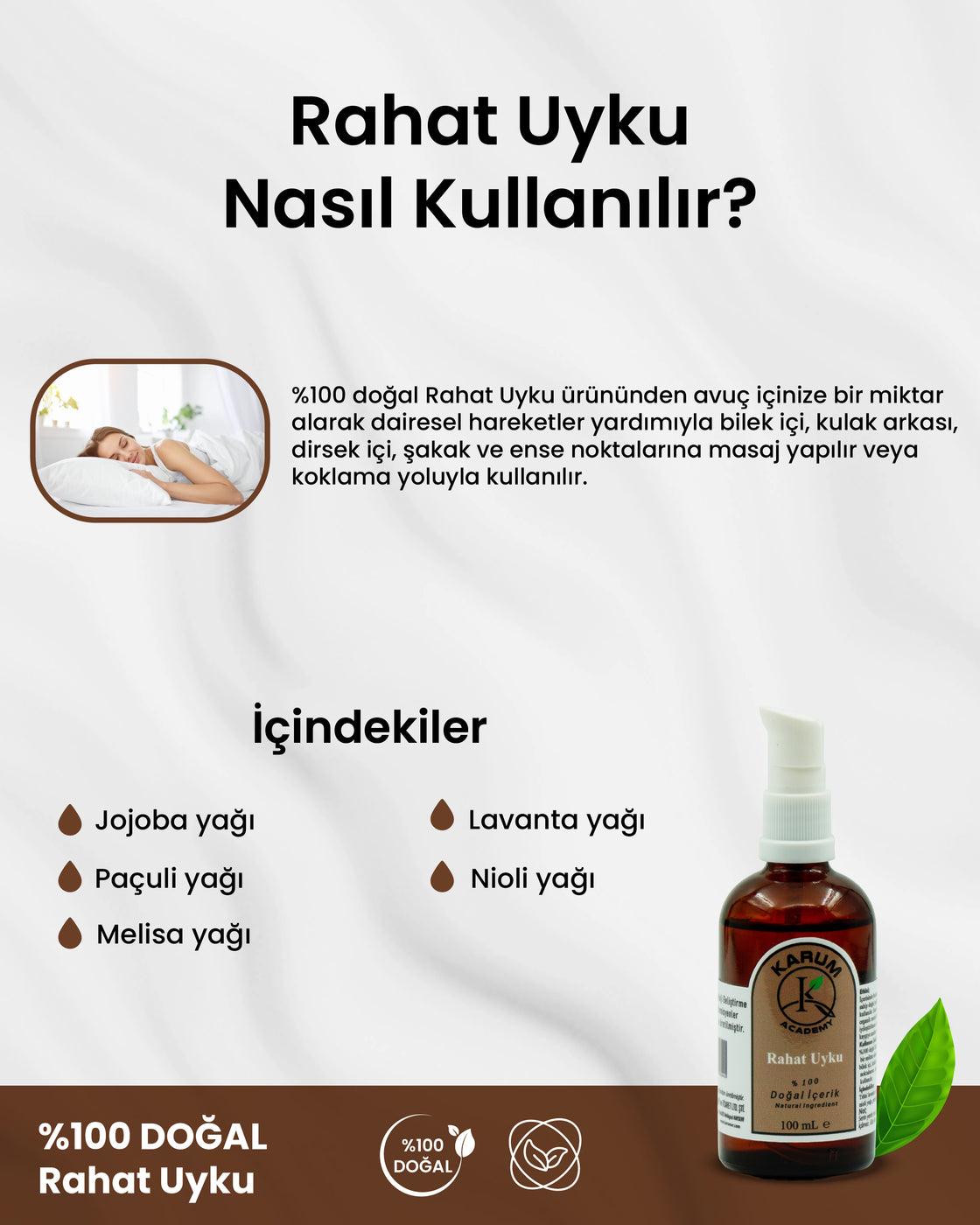Aromaterapi %100 Doğal Uçucu Yağ (Zihnini sakinleştir. Bedenini bırak. Geceye huzurla geç) İçerikli Rahat Uyku Serumu (Özel Formülasyon) 100 mL