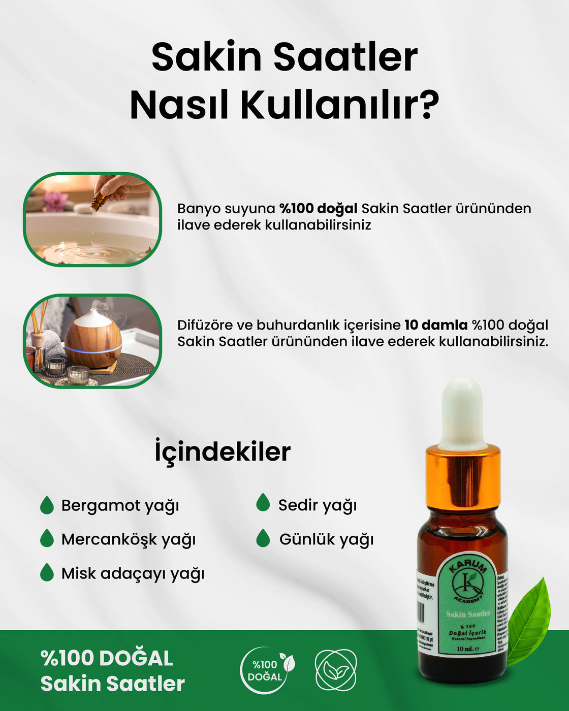 Aromaterapi-Sinerji %100 Doğal Cam Damlalıklı (Yavaşla. Derin bir nefes al. Anda kal.) Sakin Saatler Buhurdanlık, Difüzör 10ml
