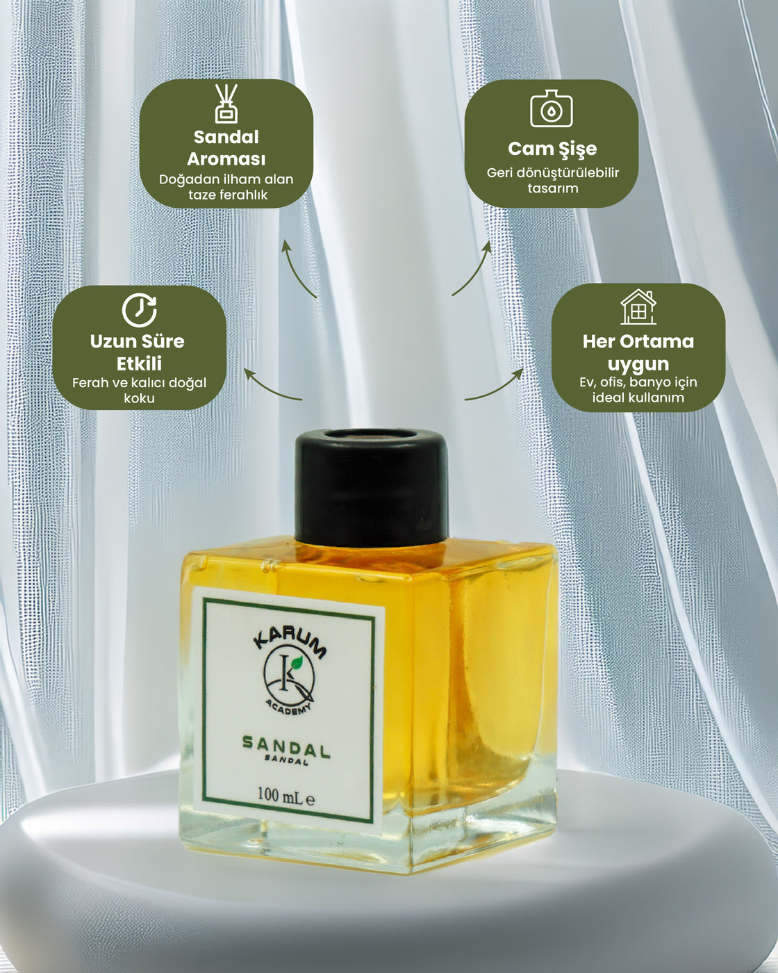 Sandal (DERİNLİK, SAKİNLİK VE DOĞAL ASALET) Çubuklu Kare Oda Kokusu 100ml