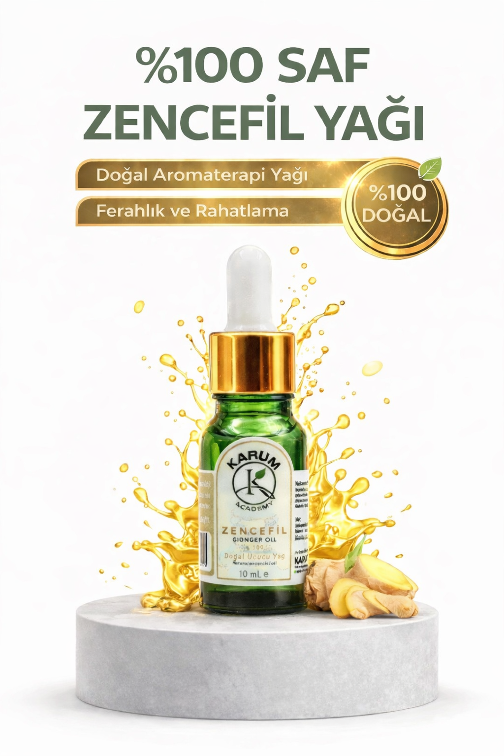 Aromaterapi %100 Doğal Cam Damlalıklı (Enerji ve Isının Doğal Kaynağı) Zencefil Uçucu Yağ 10ml