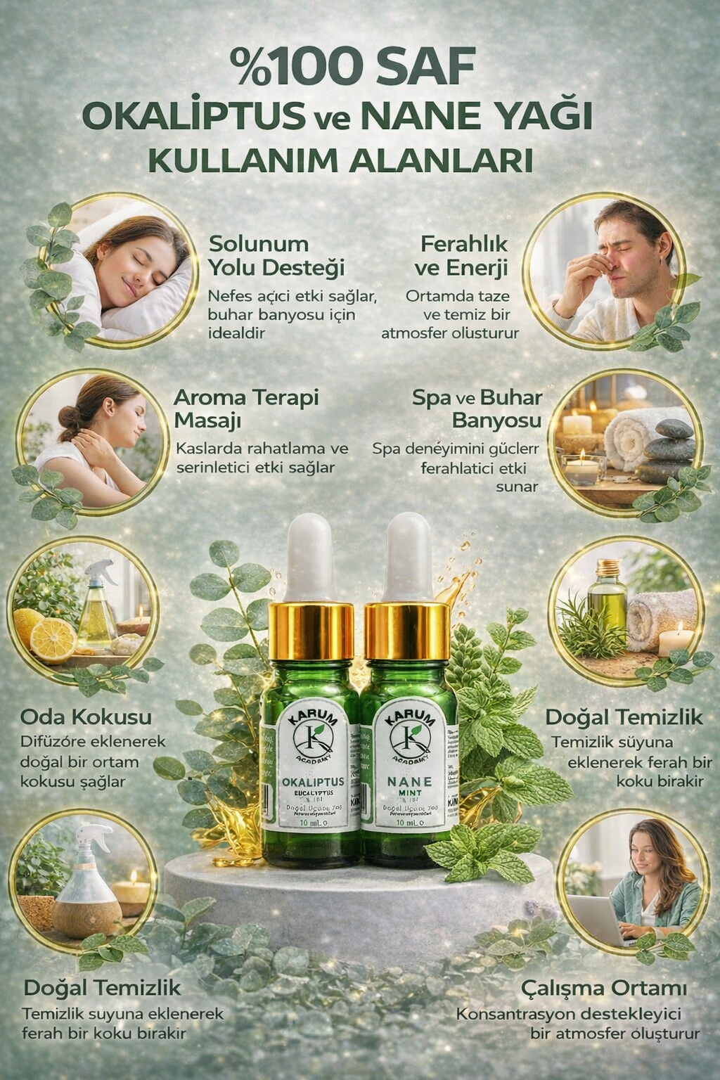 KARGO BEDAVA Okaliptus & Nane %100 Saf Uçucu Yağ 2'li Set Doğal Aromaterapi Yağı 2x10 ml