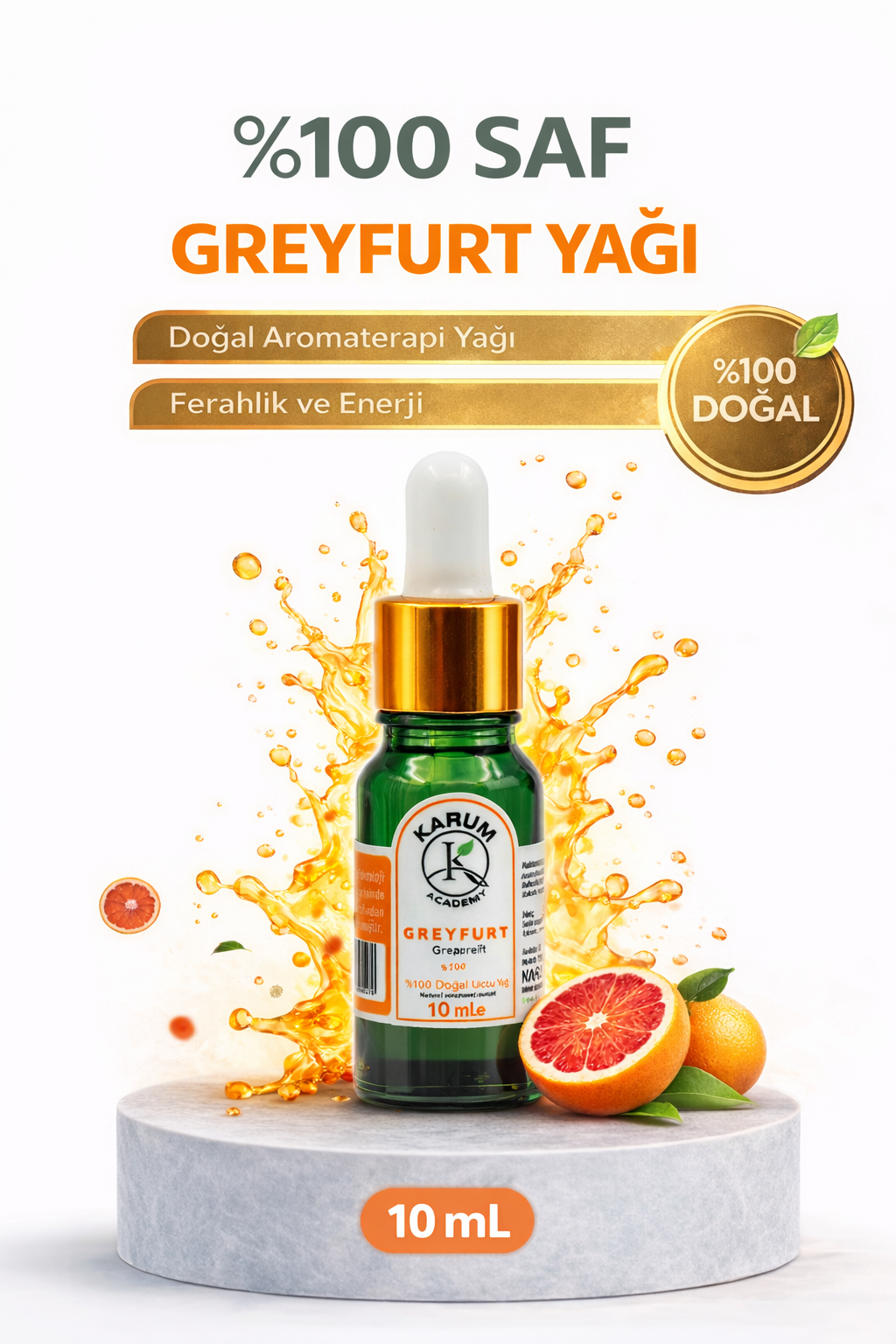 Aromaterapi %100 Doğal Cam Damlalıklı (Enerji ve Tazelik Kaynağı) Greyfurt Uçucu Yağ 10ml