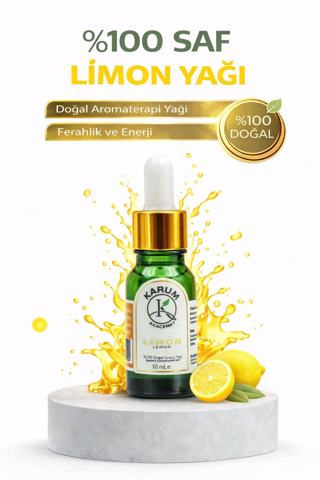 Aromaterapi %100 Doğal Cam Damlalıklı (Tazelik ve Arınma Kaynağı) Limon Uçucu Yağ 10ml
