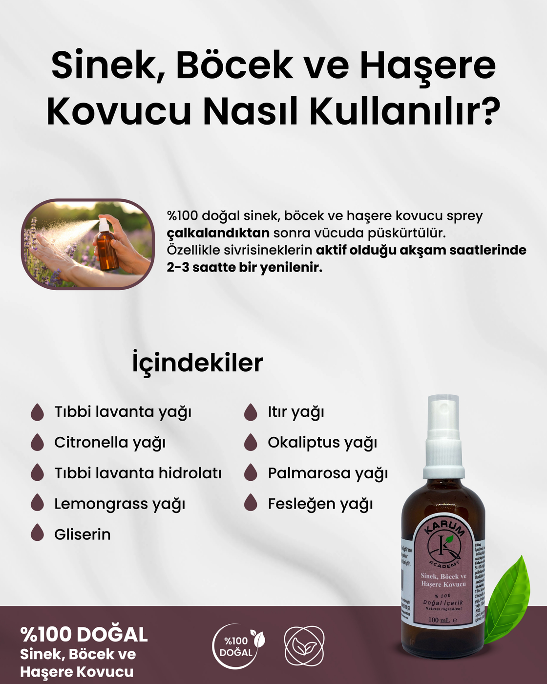 Karum Academy Doğal Sinek & Haşere Kovucu Sprey – Bitkisel ve Zenginleştirilmiş Formül, Güçlü Koruma 100ml